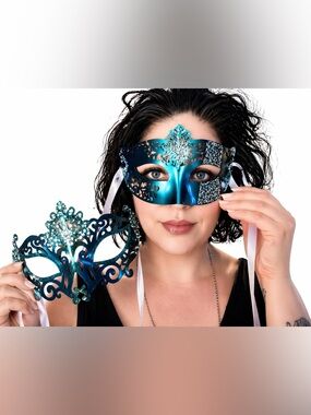 Set of 2 Teal Blue Venetian Masquerade Masks with Rhinestones and ribbon closure